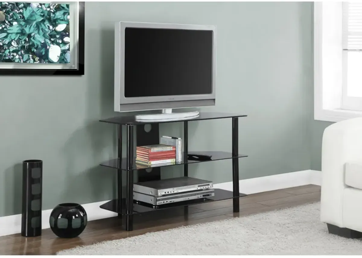 Monarch Specialties I 2506 Tv Stand, 36 Inch, Console, Media Entertainment Center, Storage Shelves, Living Room, Bedroom, Tempered Glass, Metal, Black, Clear, Contemporary, Modern