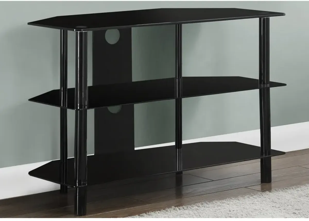 Monarch Specialties I 2506 Tv Stand, 36 Inch, Console, Media Entertainment Center, Storage Shelves, Living Room, Bedroom, Tempered Glass, Metal, Black, Clear, Contemporary, Modern