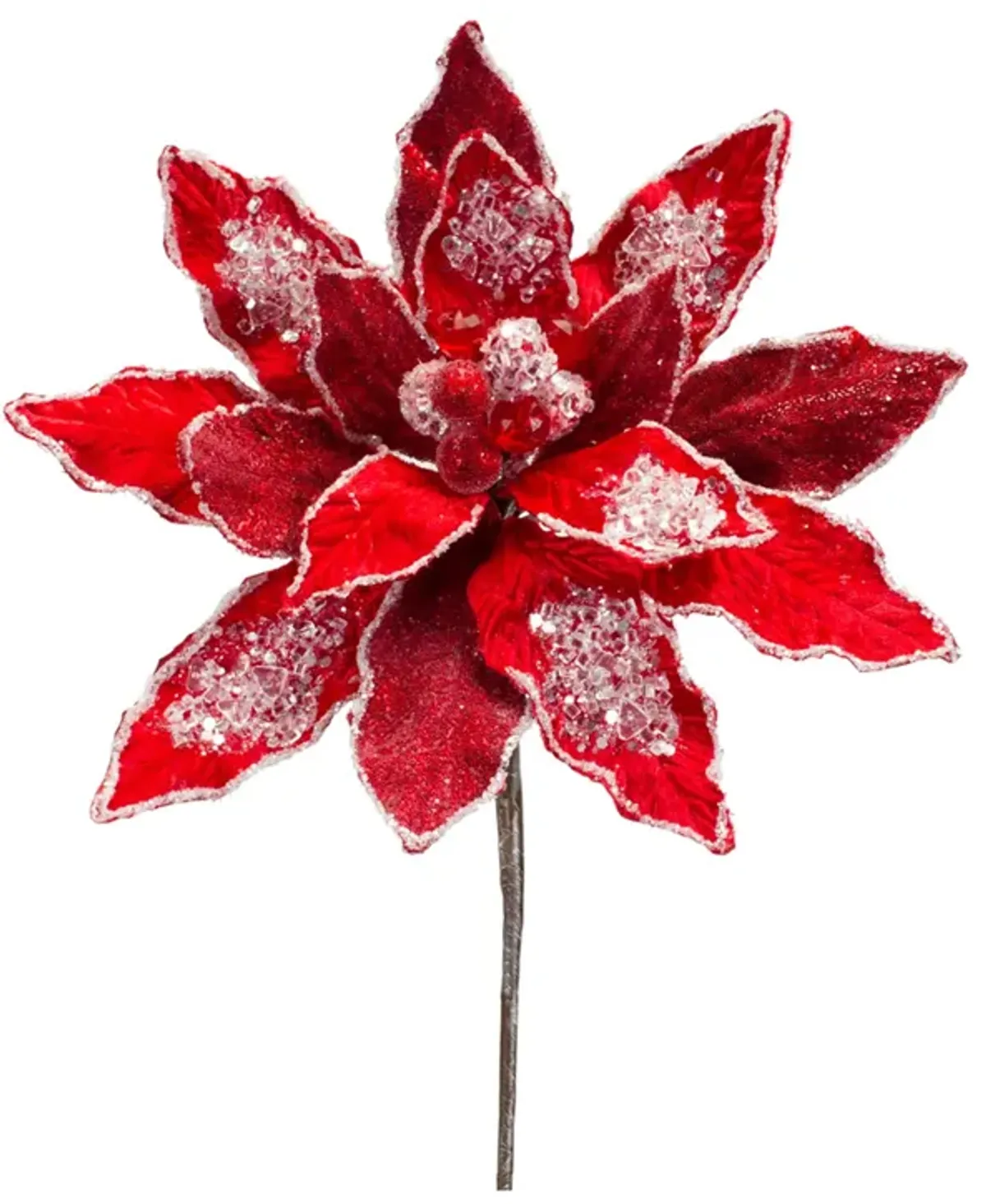 Velvet Poinsettia Stem with Bead Accents Festive Holiday Floral Decoration (Set of 6)