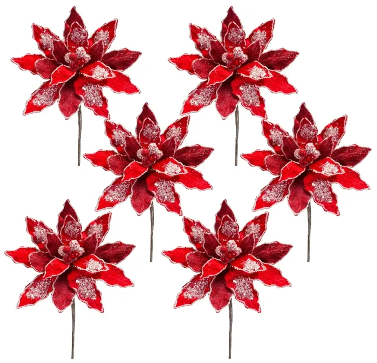 Velvet Poinsettia Stem with Bead Accents Festive Holiday Floral Decoration (Set of 6)