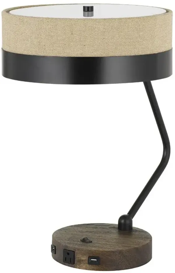 Hivvago 20" Black And Brown Wood And Metal Two Light USB Table Lamp With Beige And Black Shade