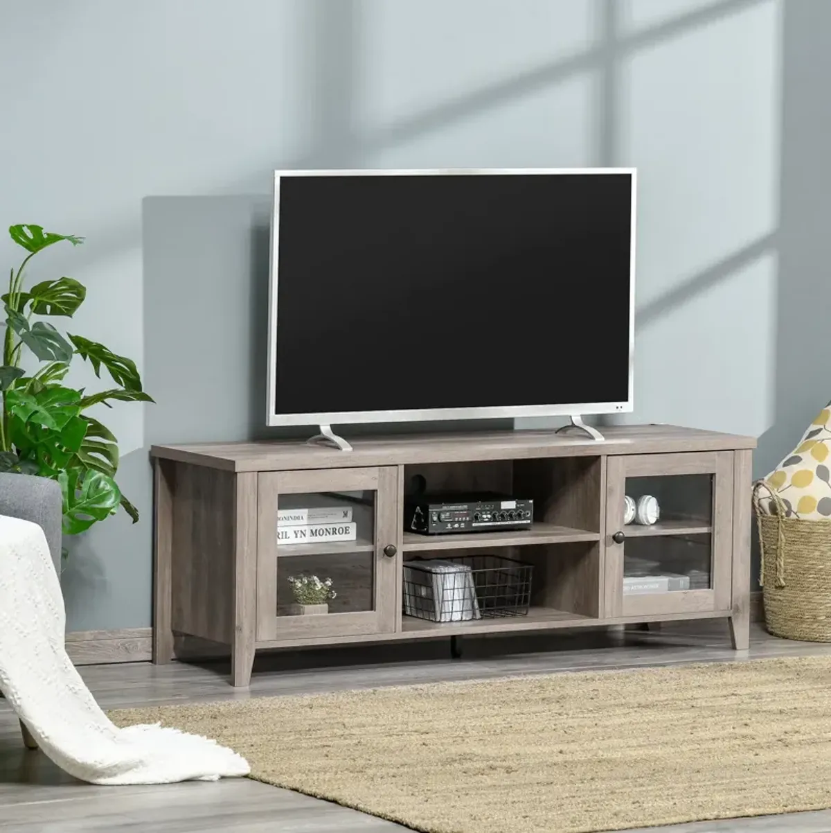 Grey Wash Entertainment: Modern TV Stand with Cabinets for 60" TVs