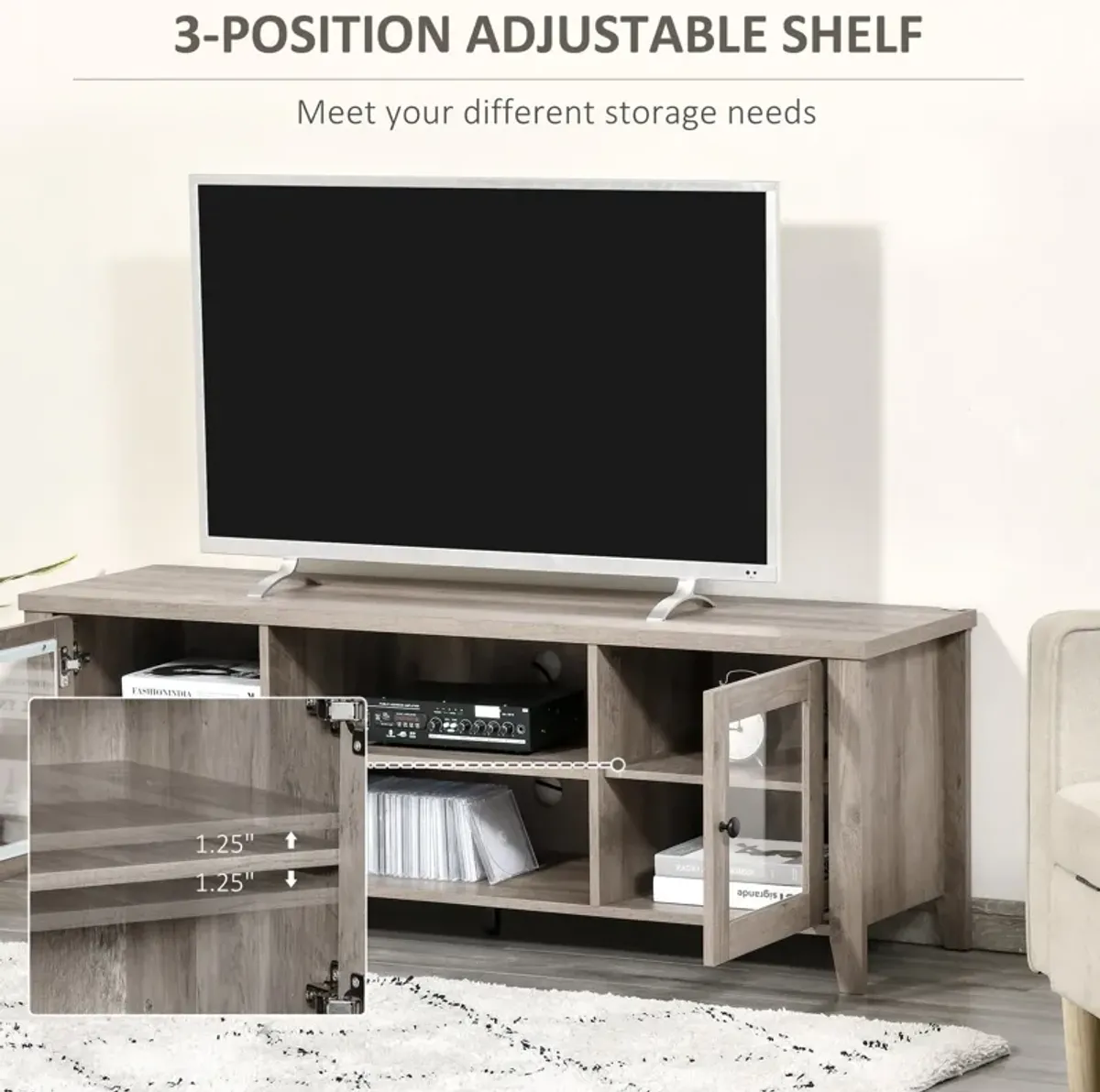 Grey Wash Entertainment: Modern TV Stand with Cabinets for 60" TVs