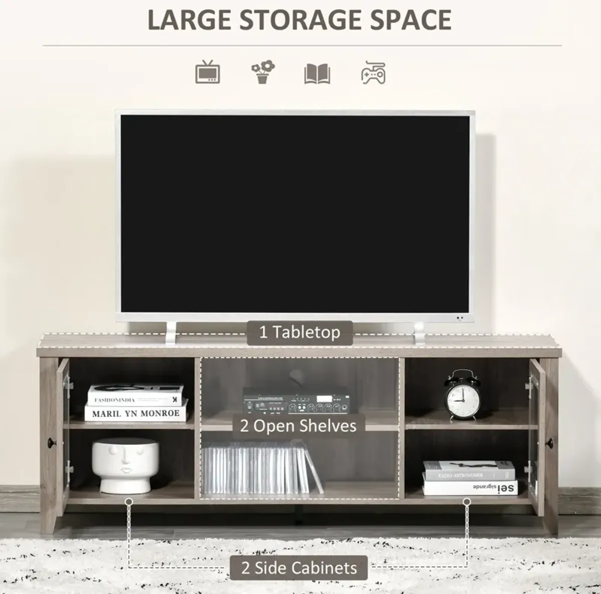 Grey Wash Entertainment: Modern TV Stand with Cabinets for 60" TVs