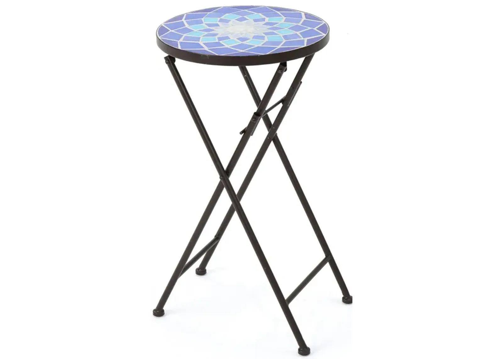 Silia Outdoor End Table, Round 13 Inch, Blue and White Ceramic Tile - Benzara