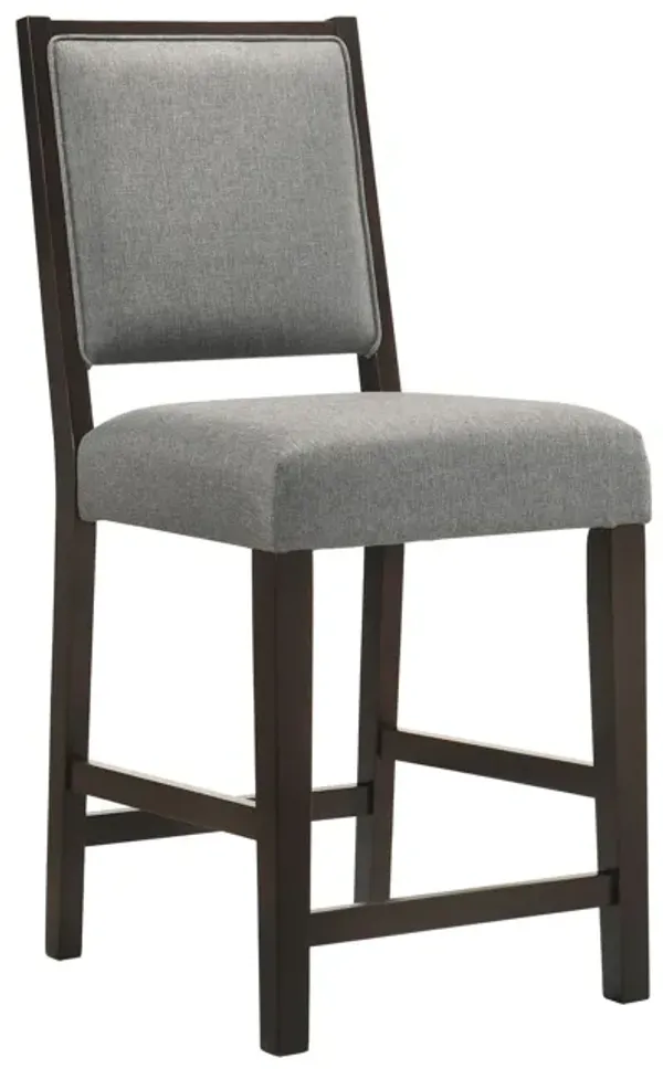 Nimi 25 Inch Counter Height Stool, Set of 2, Welt Trim, Gray Fabric, Brown - Benzara