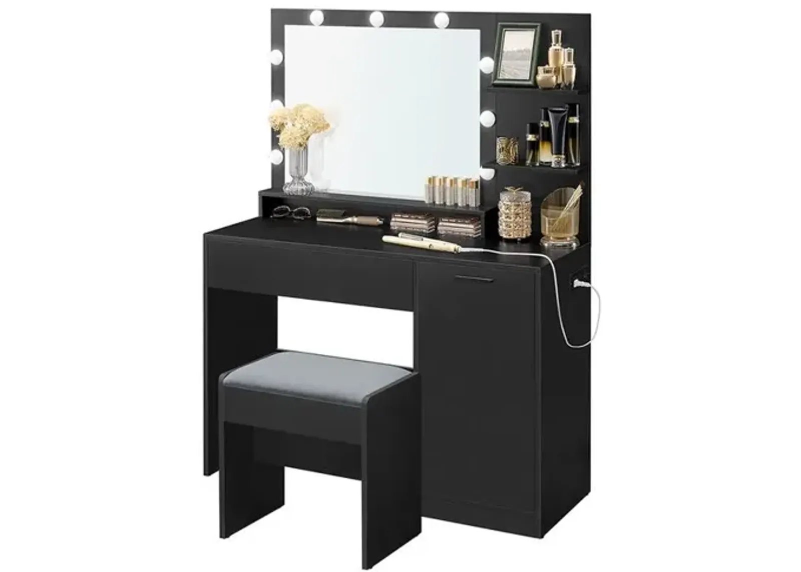 Vanity Desk with Mirror and Lights, Makeup Vanity with Upholstered Vanity Stool