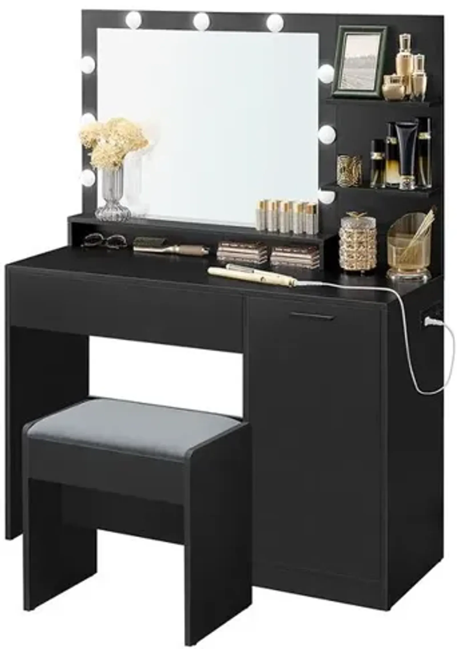 Vanity Desk with Mirror and Lights, Makeup Vanity with Upholstered Vanity Stool