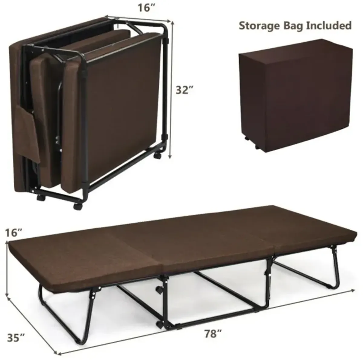 Hivvago Folding Guest Sleeper Bed w/6 Position Adjustment-Brown