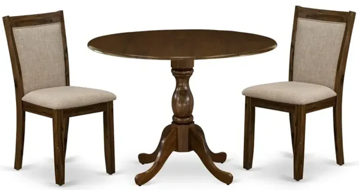 East West Furniture 3-Piece Dining Room Set Includes a Wood Table with Drop Leaves and 2 Light Tan Linen Fabric Upholstered Chairs - Sand Blasting Antique Walnut Finish