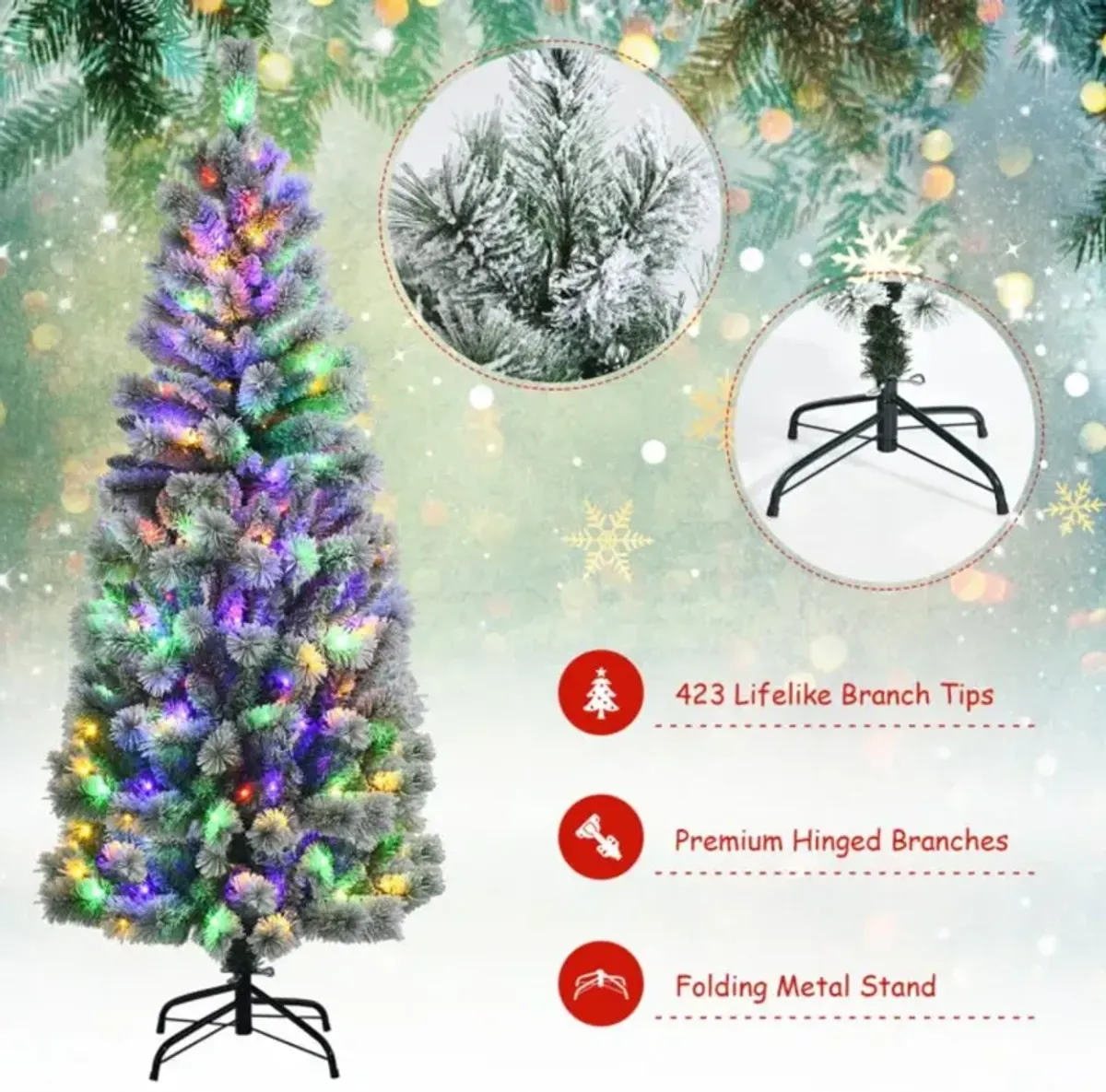 Hivvago 5/6/7.5/8 Feet Pre-lit Snow Flocked Christmas Tree with 9 Lighting Modes