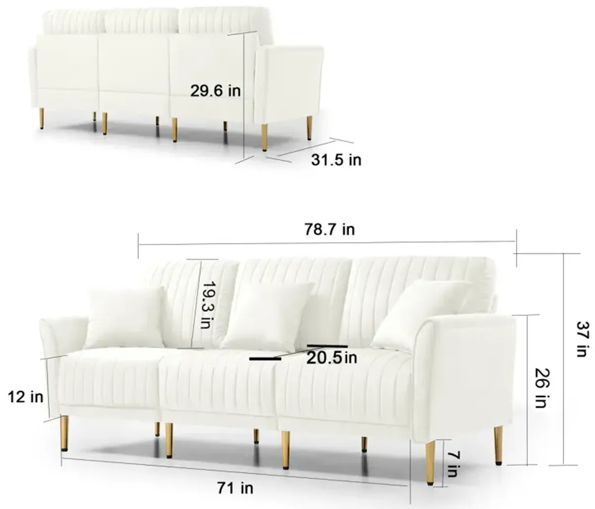 Contemporary Velvet Upholstered 3 Seater Sofa With Deep Channel Tufting And Gold Metal Legs, Cream