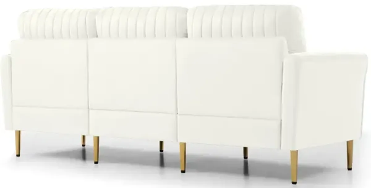 Contemporary Velvet Upholstered 3 Seater Sofa With Deep Channel Tufting And Gold Metal Legs, Cream