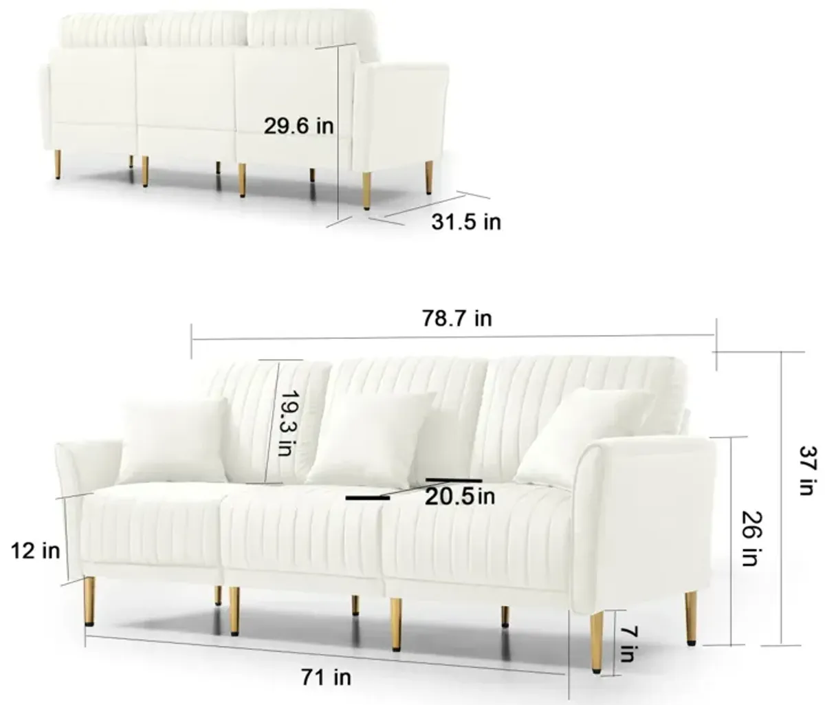 Contemporary Velvet Upholstered 3 Seater Sofa With Deep Channel Tufting And Gold Metal Legs, Cream