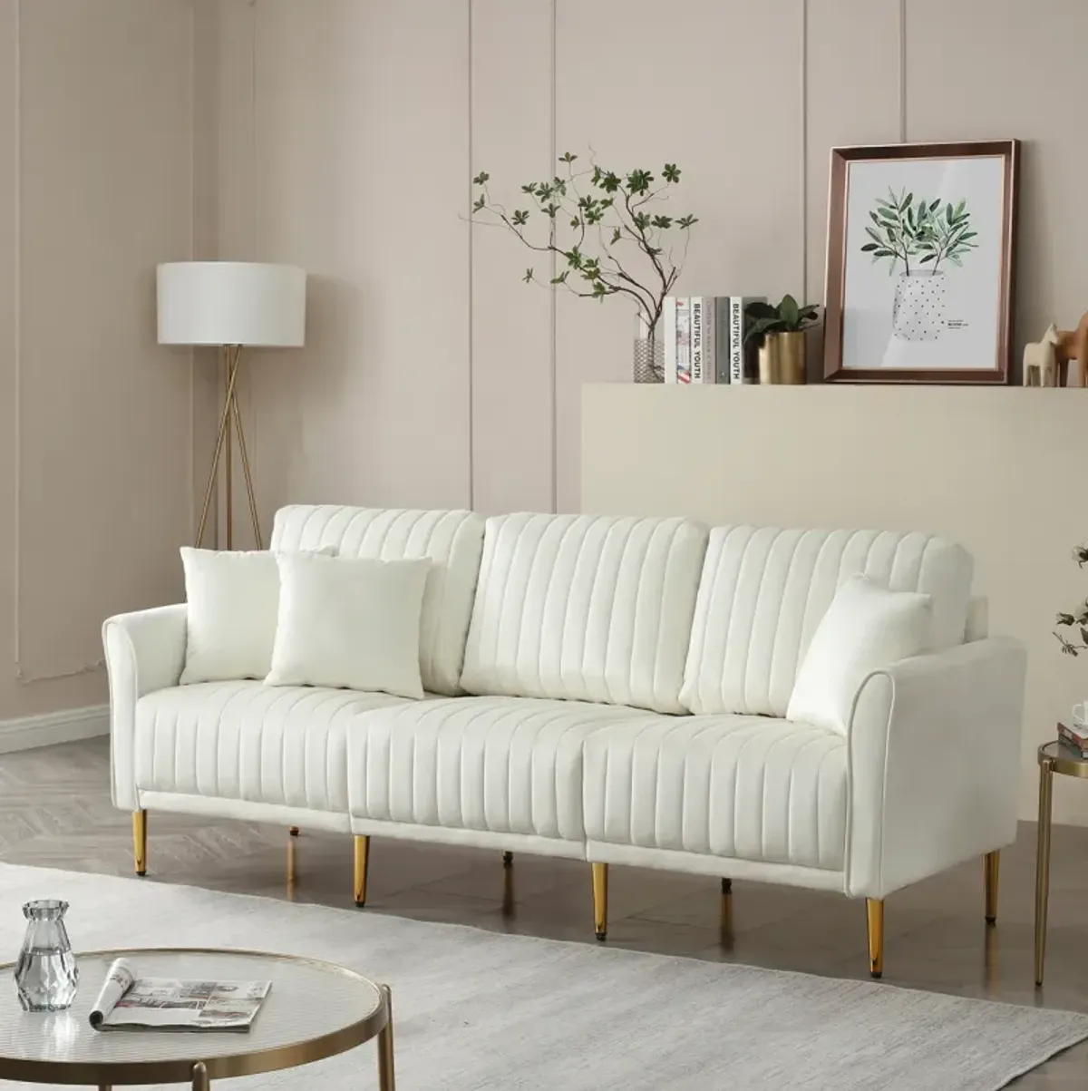 Contemporary Velvet Upholstered 3 Seater Sofa With Deep Channel Tufting And Gold Metal Legs, Cream