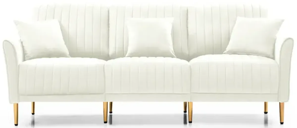 Contemporary Velvet Upholstered 3 Seater Sofa With Deep Channel Tufting And Gold Metal Legs, Cream