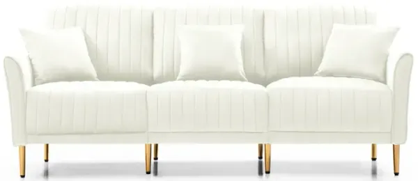 Contemporary Velvet Upholstered 3 Seater Sofa With Deep Channel Tufting And Gold Metal Legs, Cream