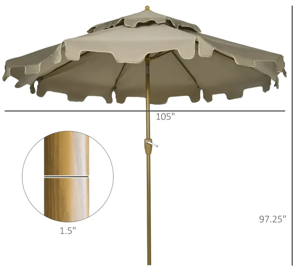 Brown Patio Umbrella: 9' Double Top Ruffled Market Umbrella with Tilt, Crank, 8 Ribs