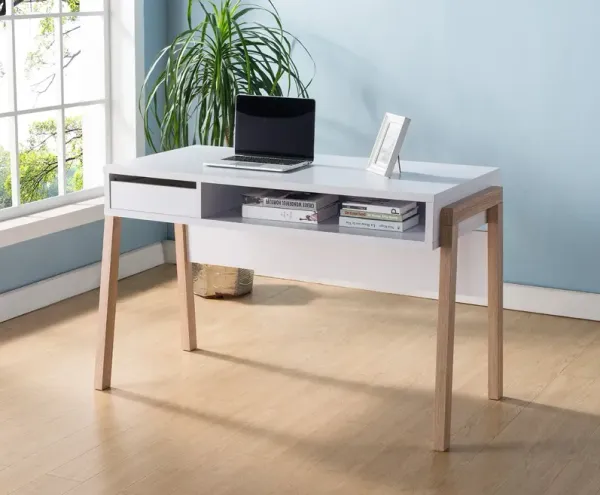 White & Weathered Open Shelf White Home Office Desk with Drawer