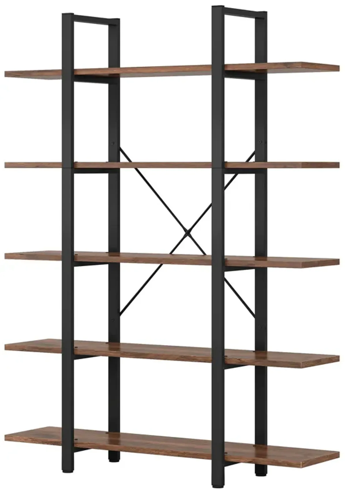 Etagere Bookshelf, 5 Tier Brown MDF Shelves, 70 Inch Black Metal Frame - Benzara