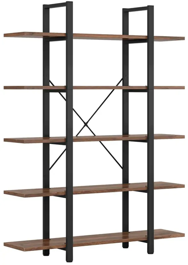 Etagere Bookshelf, 5 Tier Brown MDF Shelves, 70 Inch Black Metal Frame - Benzara
