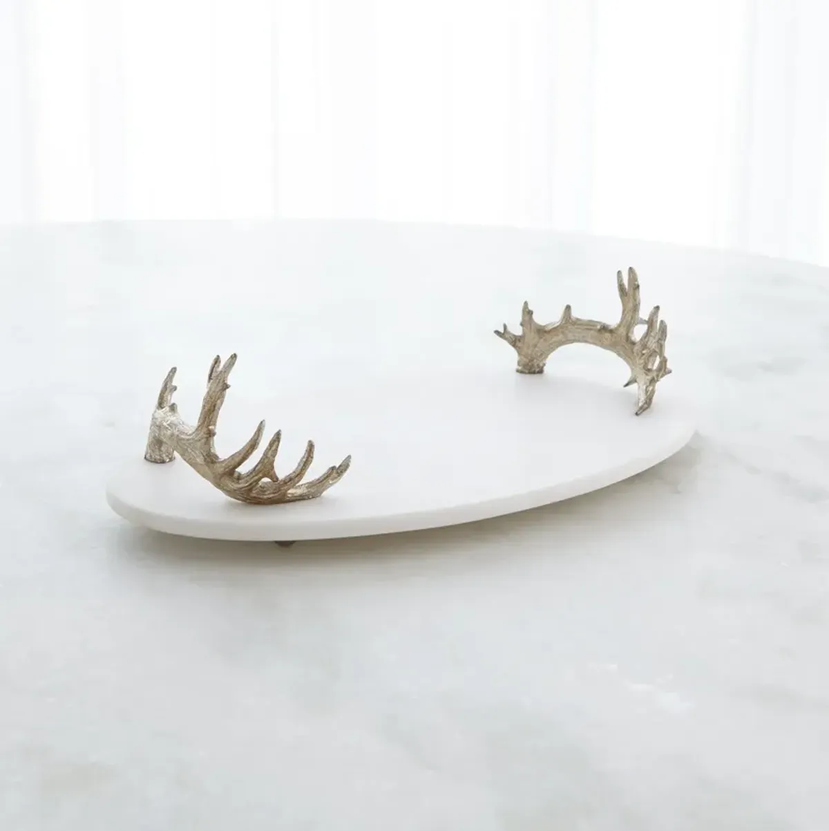 White Marble Platter with Silver Reindeer Antler Handles