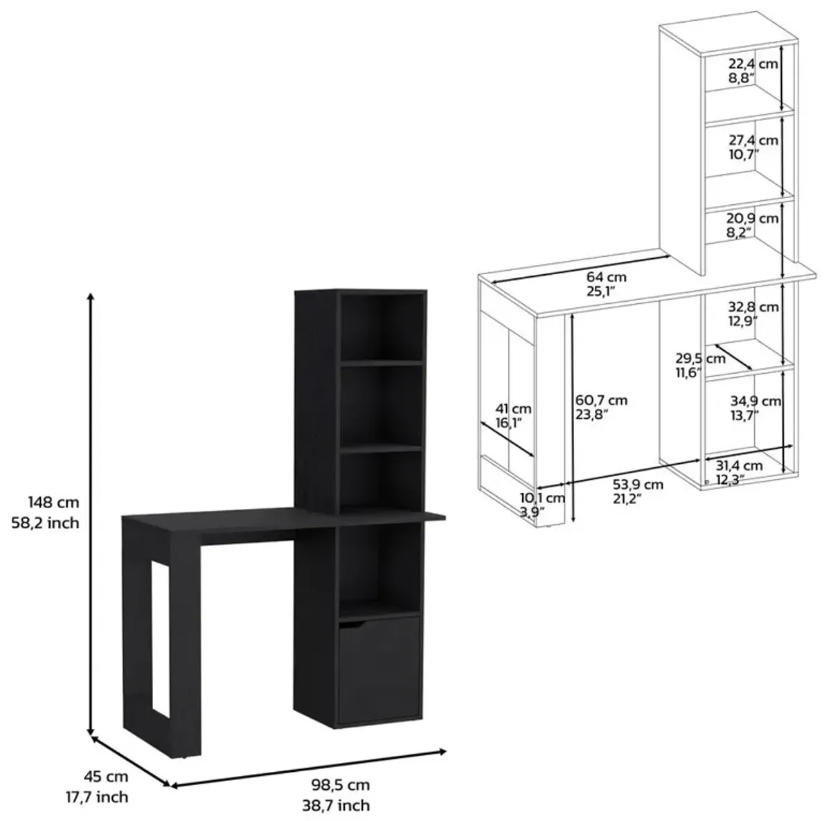 Ripley Writing Desk With Bookcase and Cabinet, Black