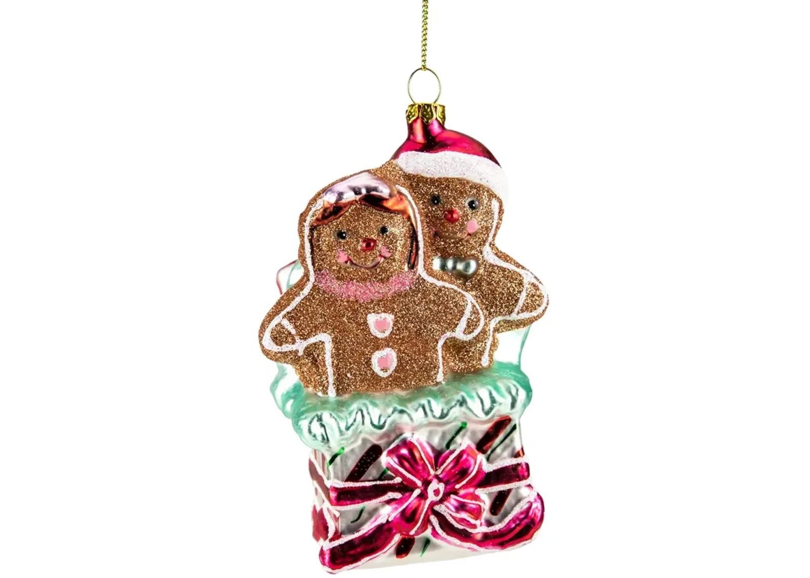 4.5" Glittered Gingerbread Couple in Gift Box Glass Christmas Ornament