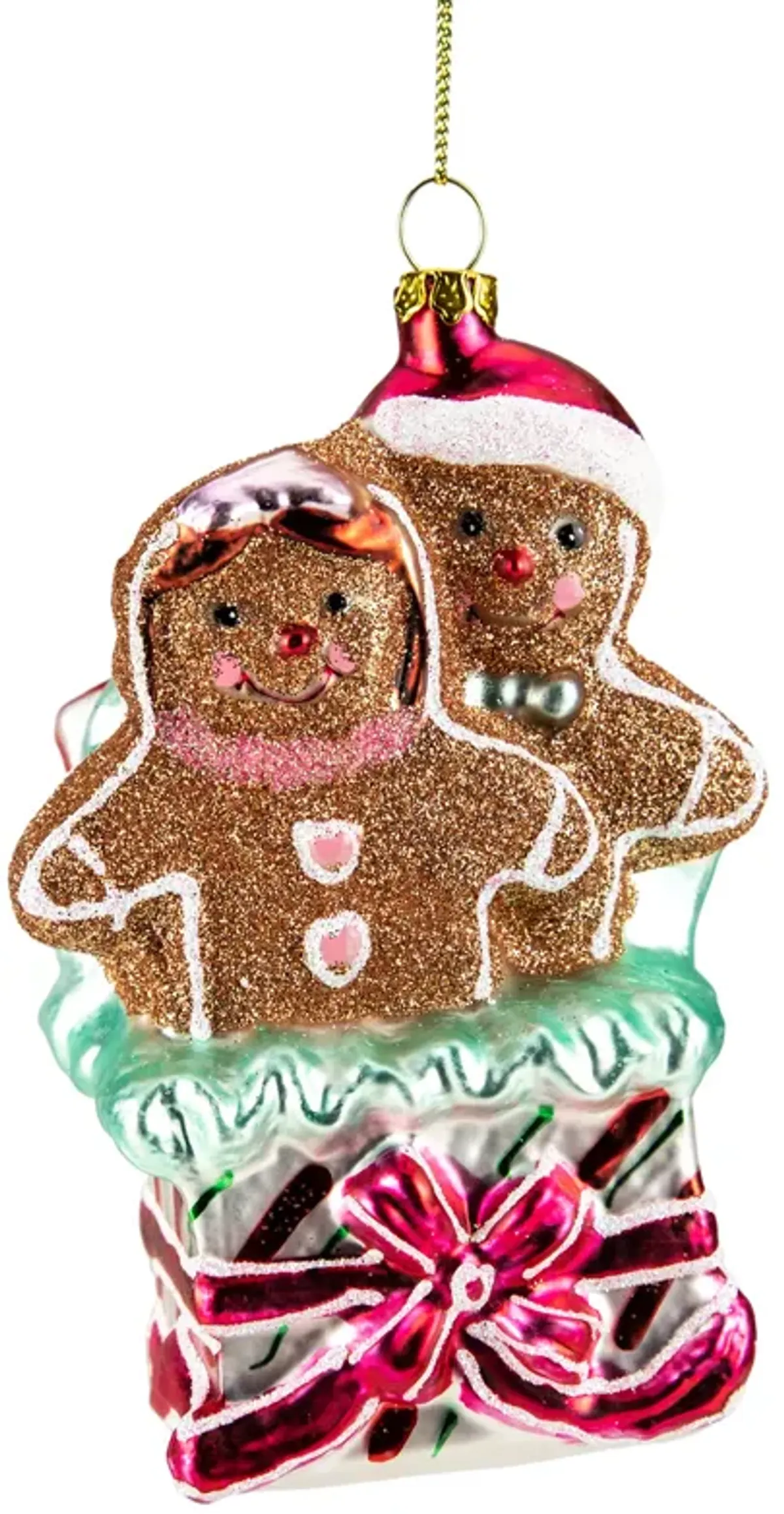 4.5" Glittered Gingerbread Couple in Gift Box Glass Christmas Ornament