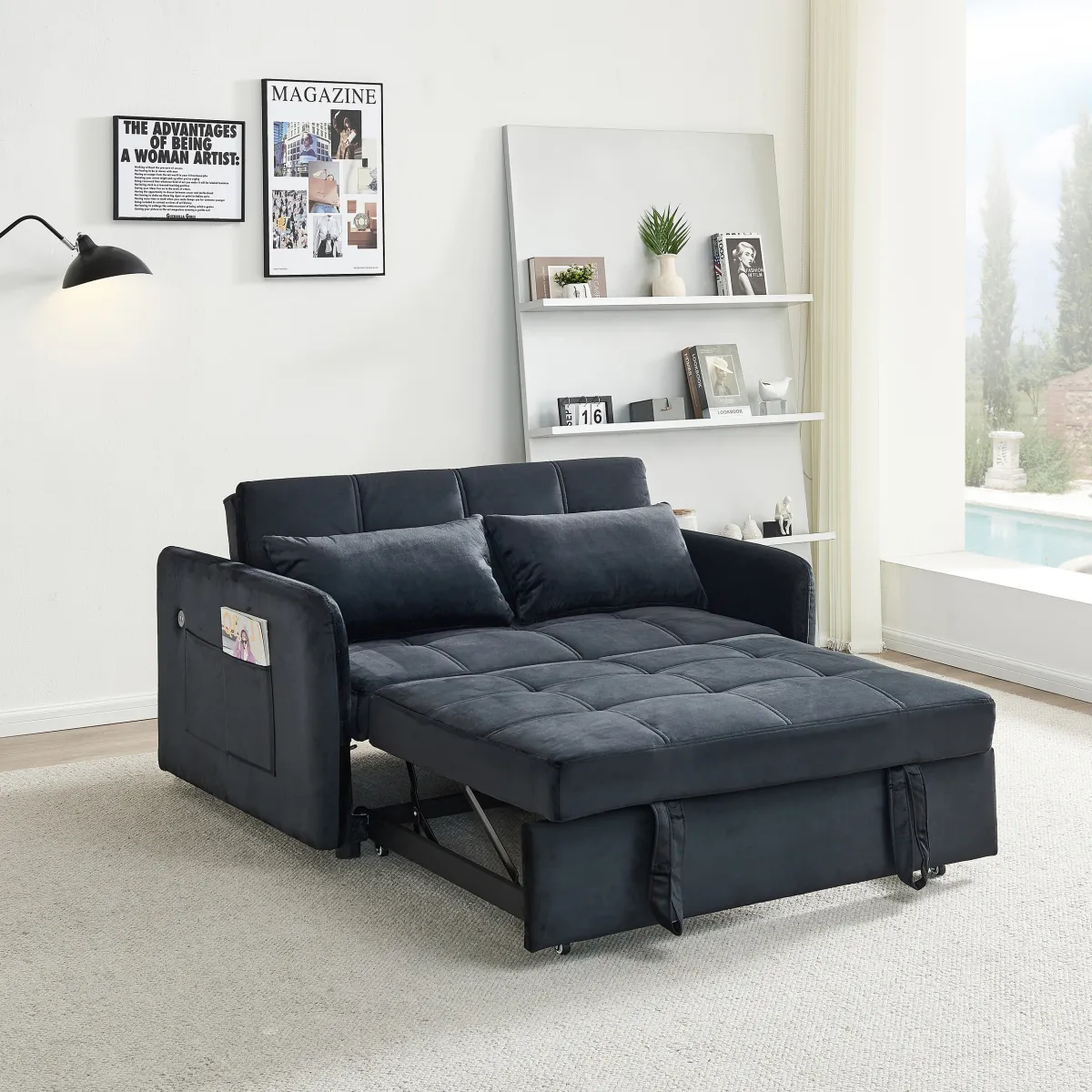 55.5" Twins Pull Out Sofa Bed Black Velvet