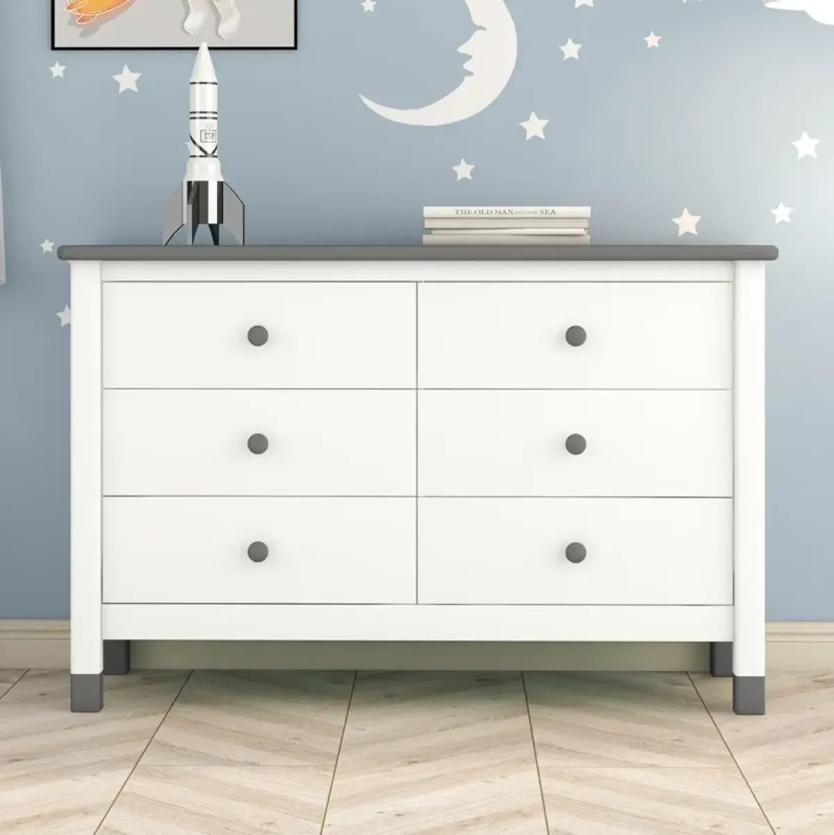 Wooden Storage Dresser With 6 Drawers, Storage Cabinet For Kids Bedroom, White+Gray