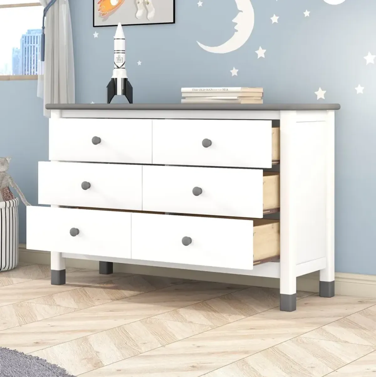 Wooden Storage Dresser With 6 Drawers, Storage Cabinet For Kids Bedroom, White+Gray