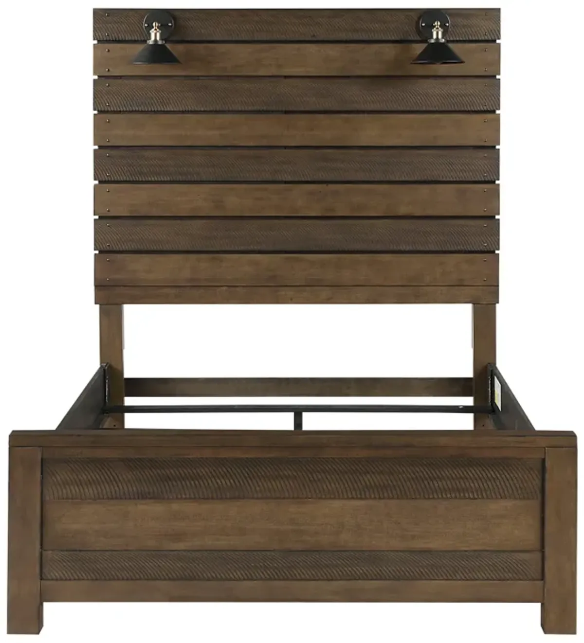 Aco Queen Size Bed, 2 Lampshades, Slatted Headboard, LED Lights, Brown - Benzara