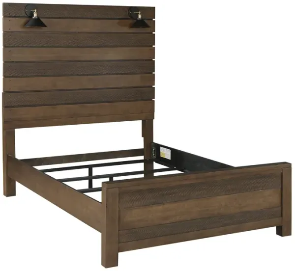 Aco Queen Size Bed, 2 Lampshades, Slatted Headboard, LED Lights, Brown - Benzara