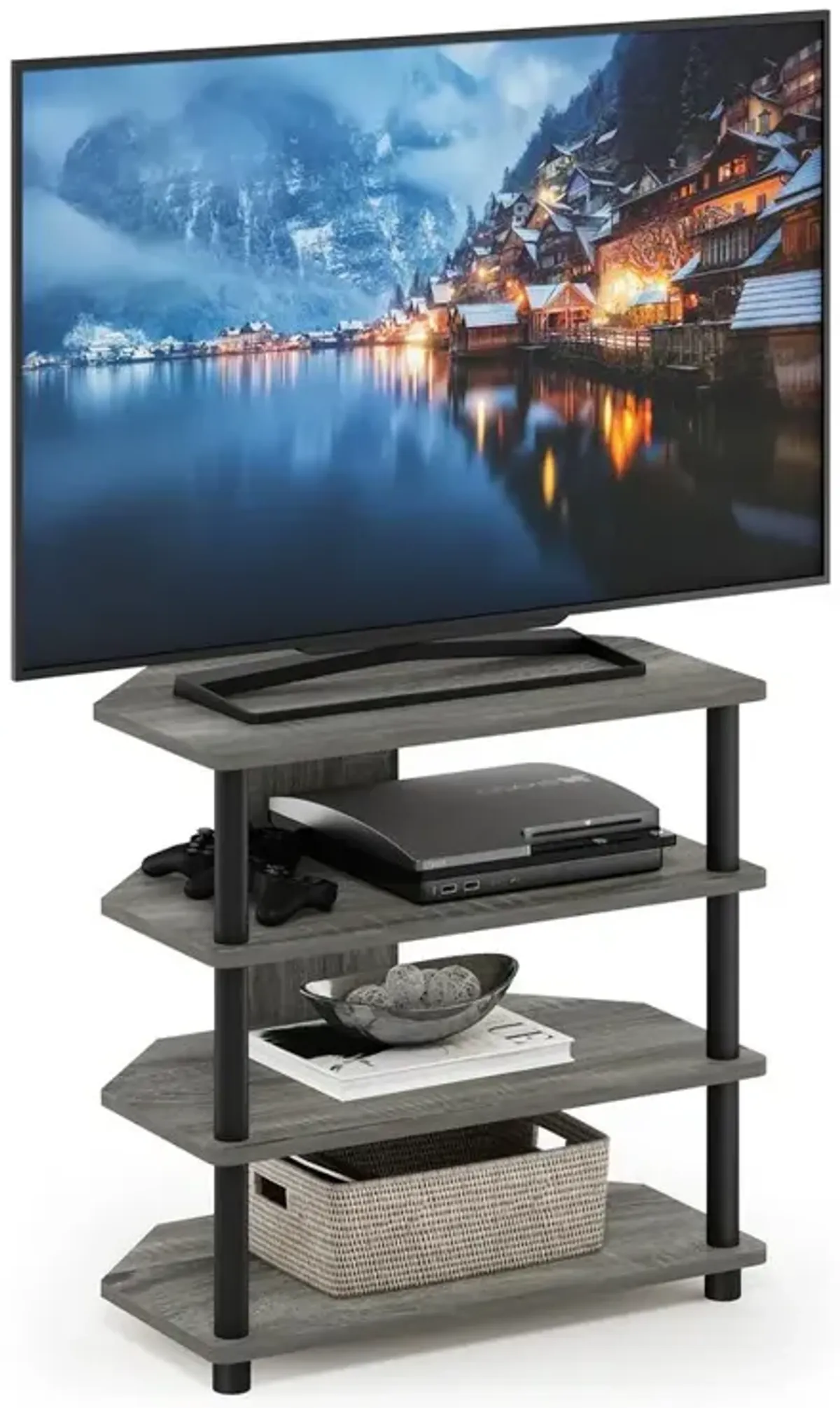 Furinno Turn-N-Tube Easy Assembly 4-Tier Petite TV Stand, French Oak Grey/Black