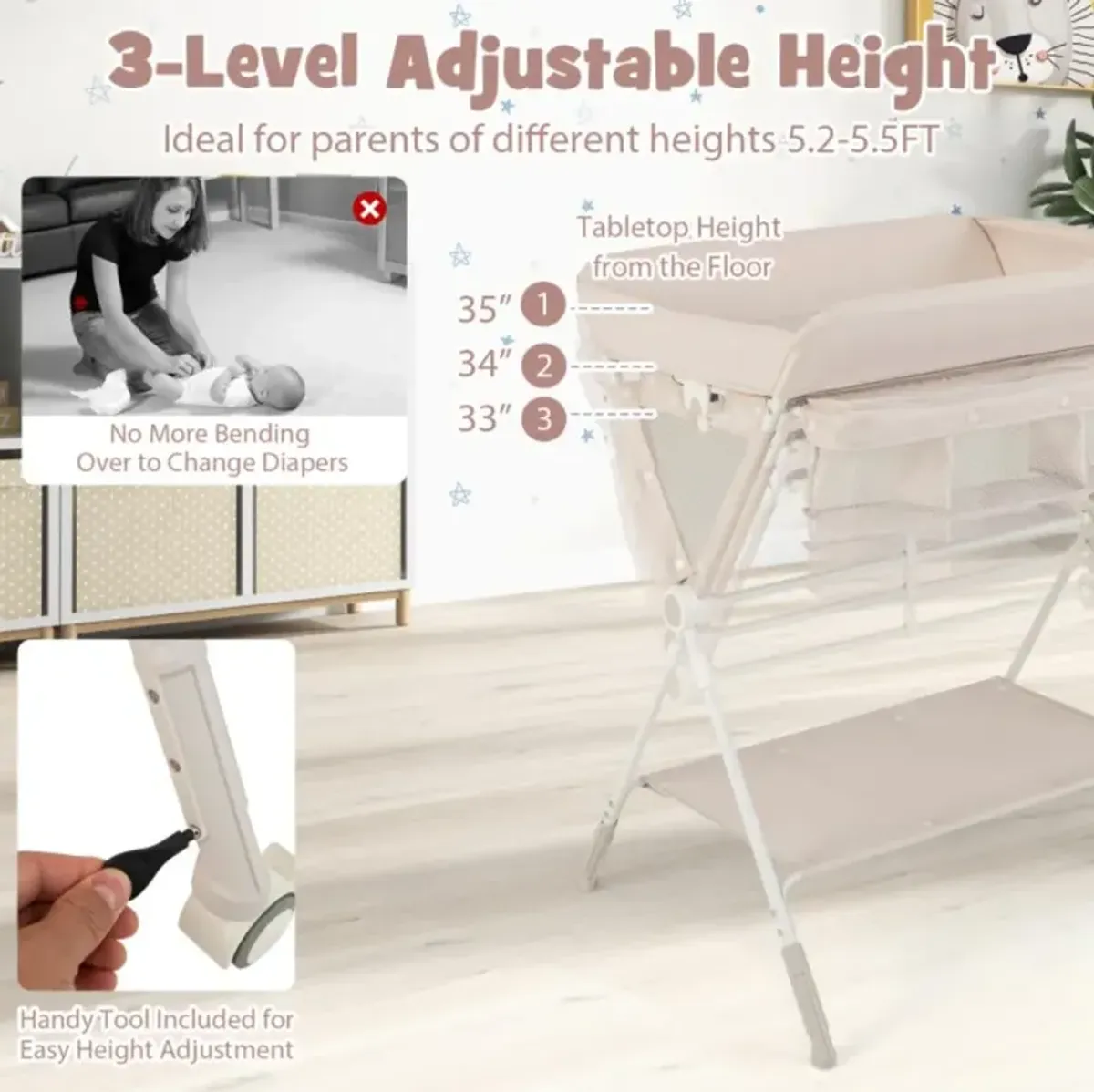 Hivvago Portable Baby Changing Table with 3-Level Adjustable Height