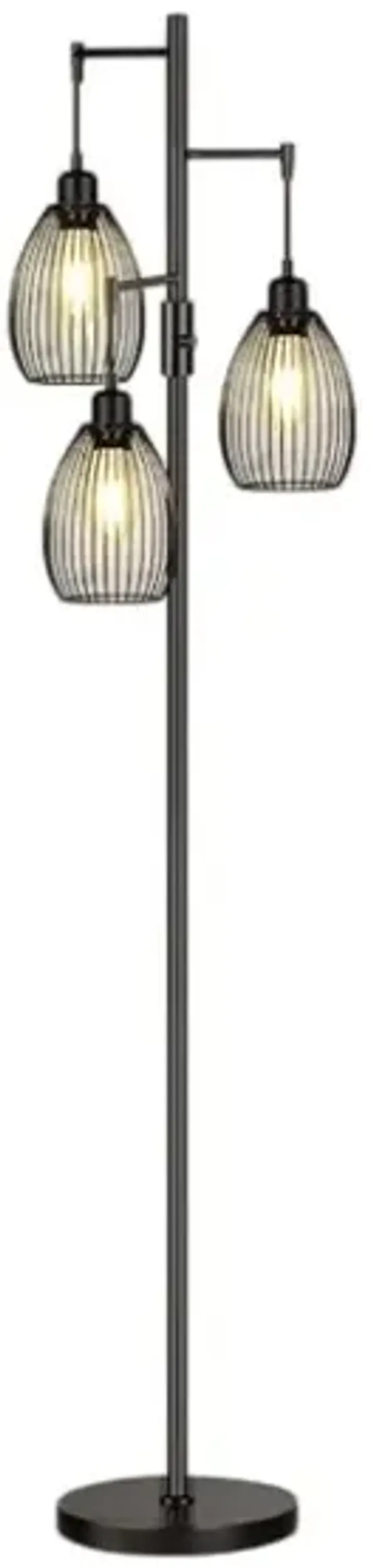 Industrial Tree Floor Lamp – Black Metal, 3 Teardrop Cage Shades, Dimmable LED