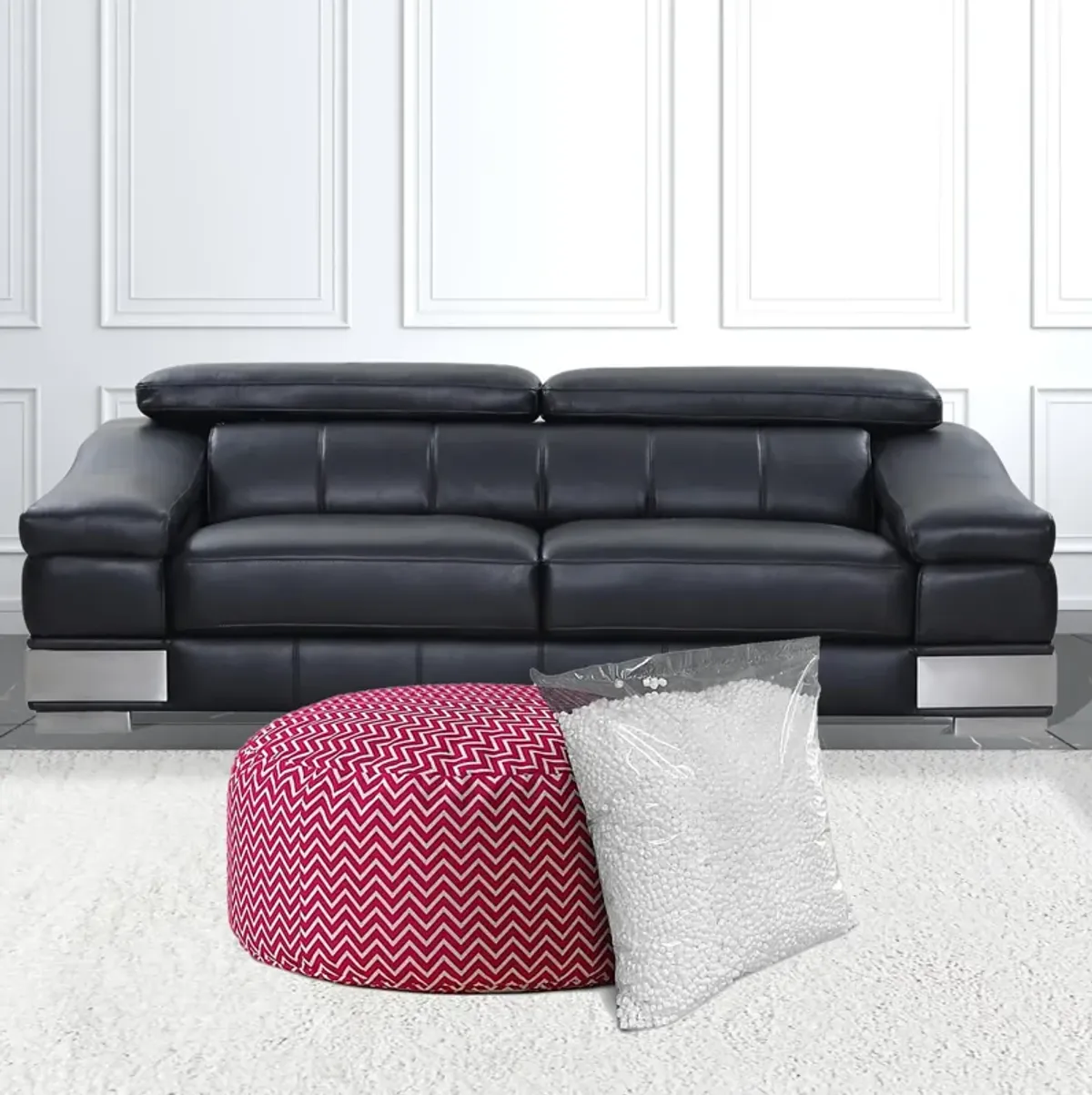 Homezia 24" Pink Cotton Round Chevron Pouf Ottoman