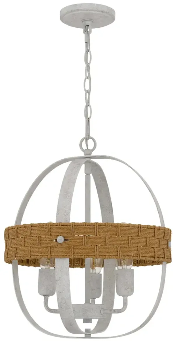 Baty Chandelier, 3 Light Rustic Rattan, Round White Metal 18 Inch - Benzara