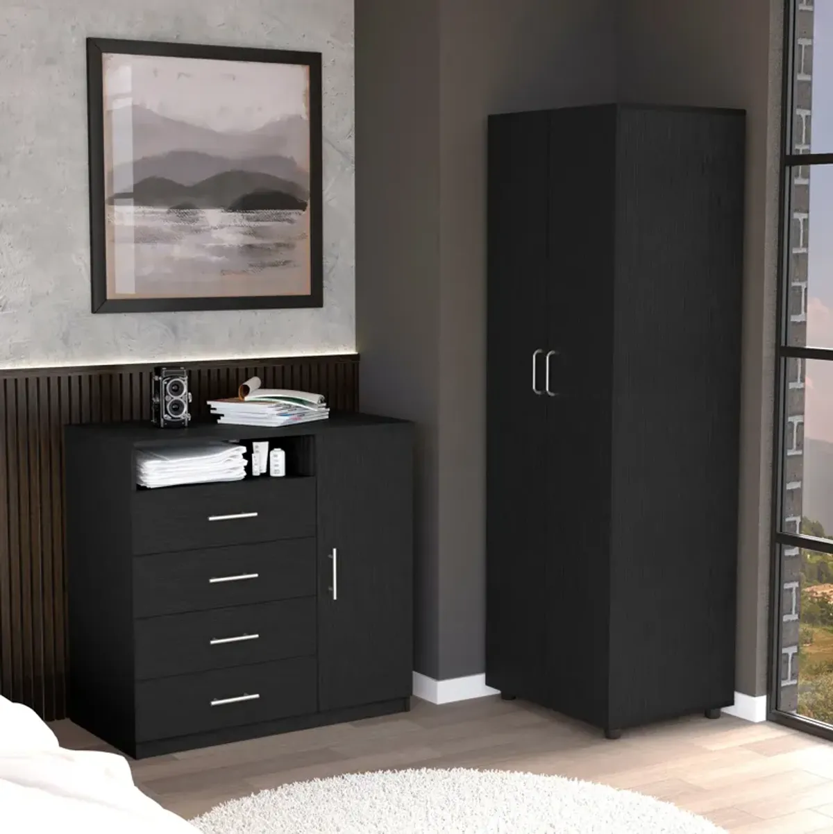DEPOT E-SHOP Bidrell 2 Piece Bedroom Set, London Armoire + Rioja 4 Drawer Dresser, Black