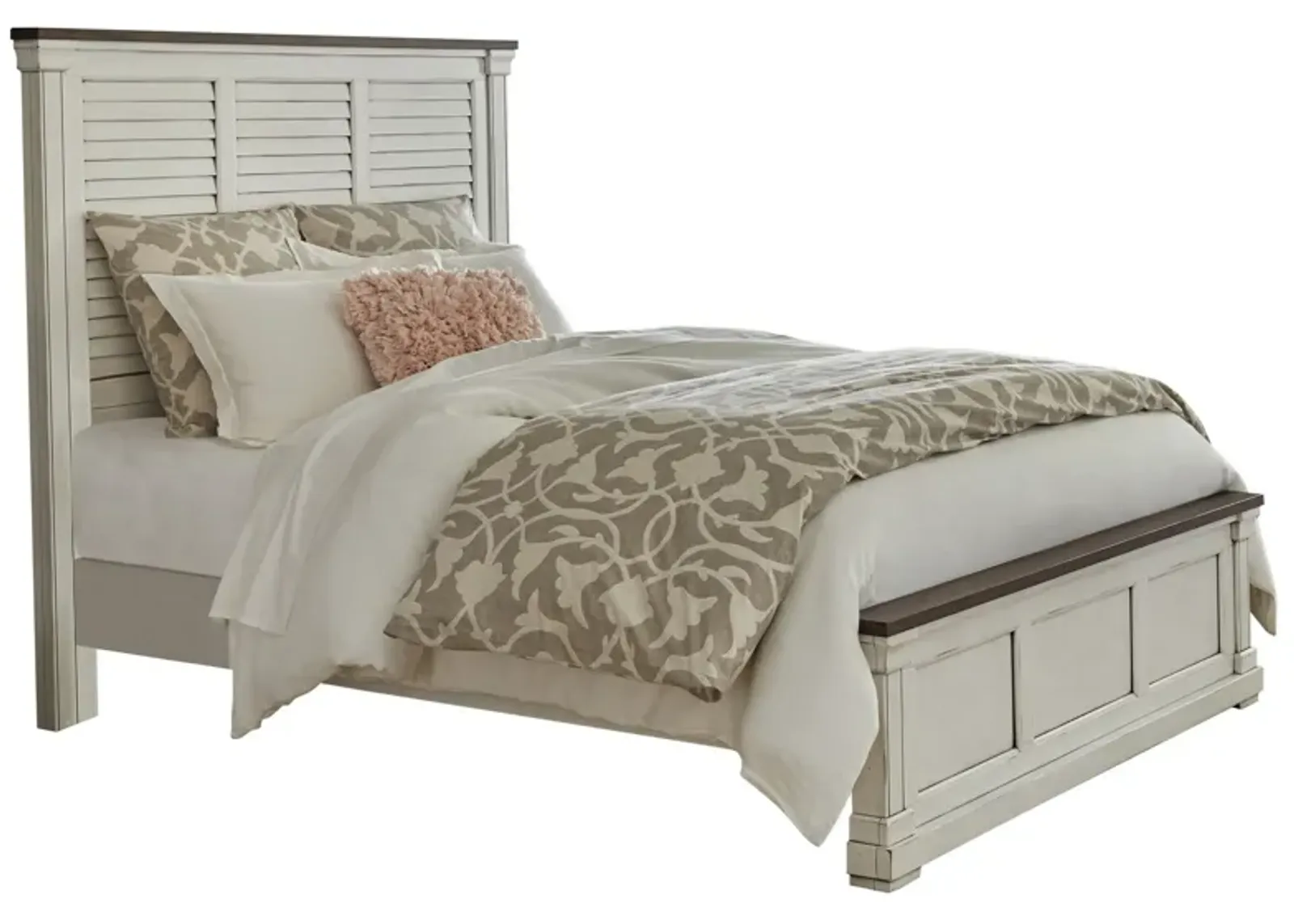 Ola Queen Panel Bed, Shutter Style Headboard, Molded Trim, White and Brown - Benzara