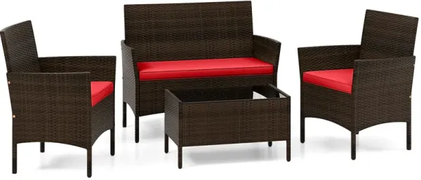 4 Piece Patio Rattan Conversation Set with Cozy Seat Cushions