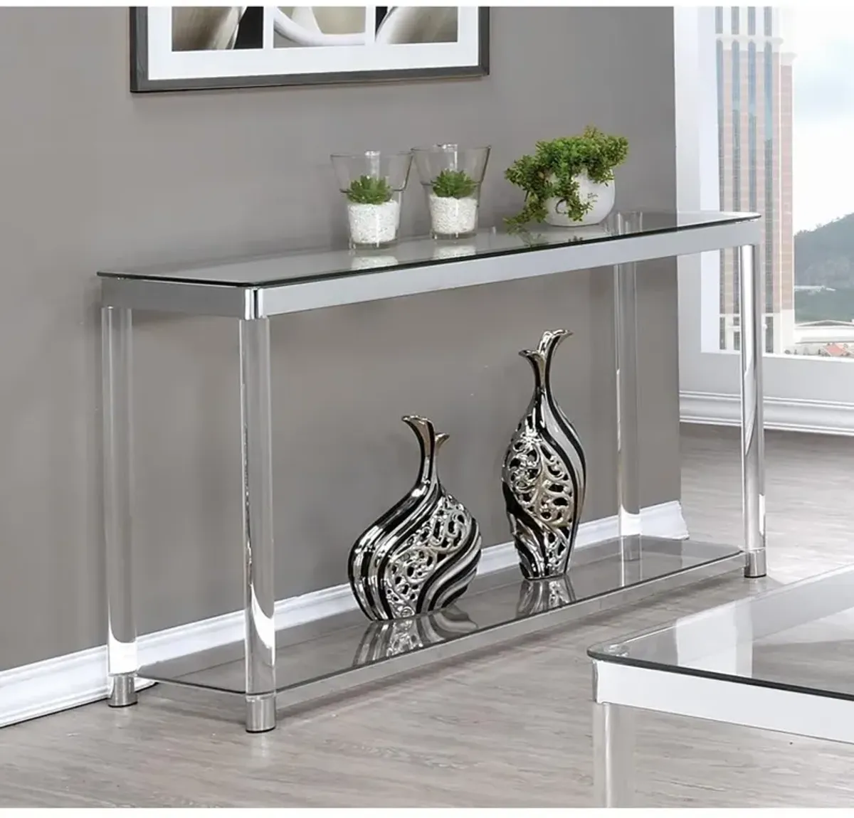 Anne Sofa Table with Lower Shelf Chrome and Clear