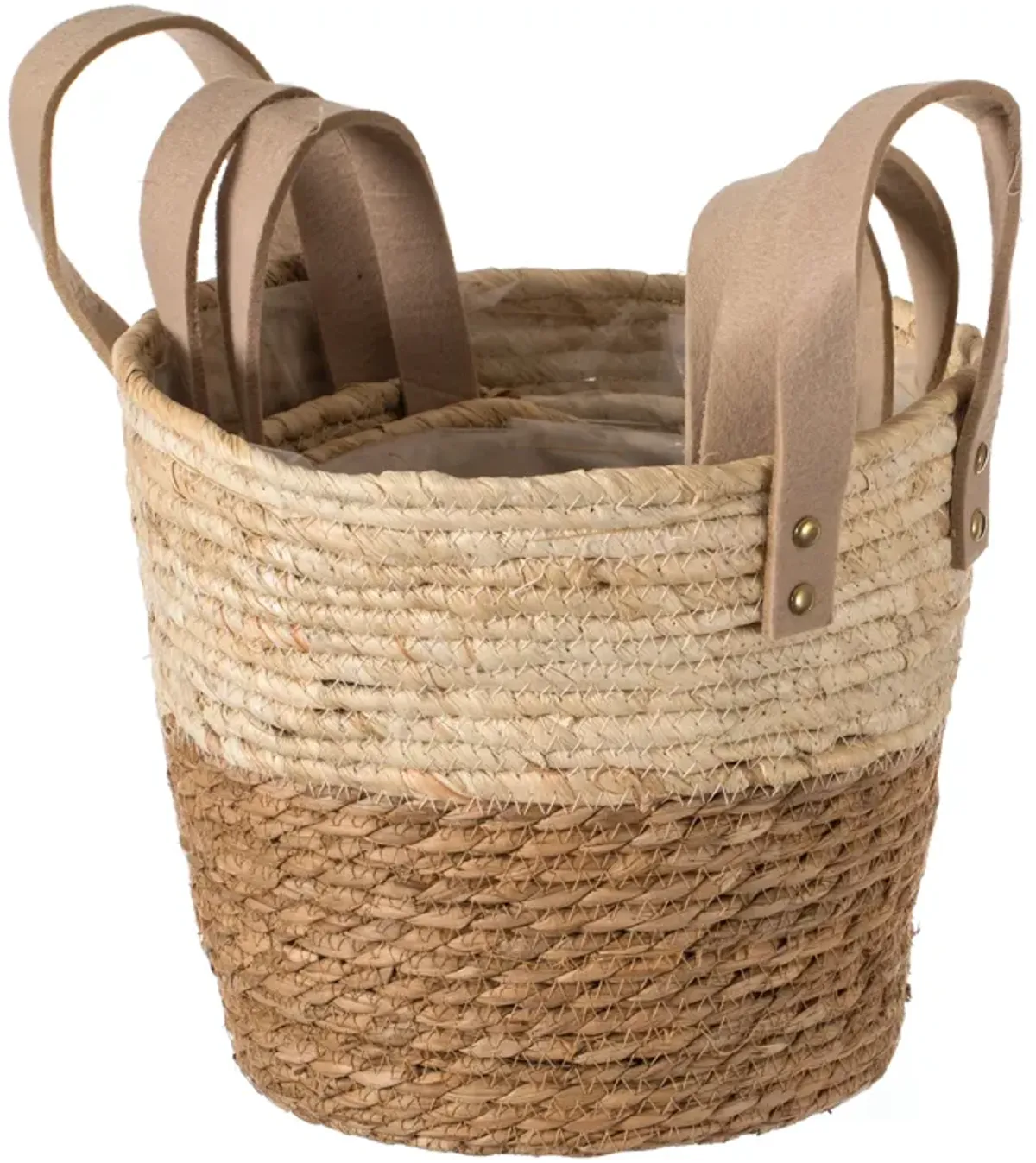 Decorative Brown Corn Rope-Straw Round Storage Basket Set of 3 with Rope Handles