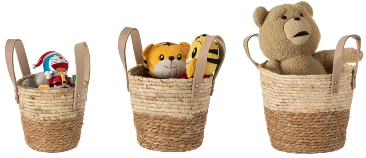 Decorative Brown Corn Rope-Straw Round Storage Basket Set of 3 with Rope Handles