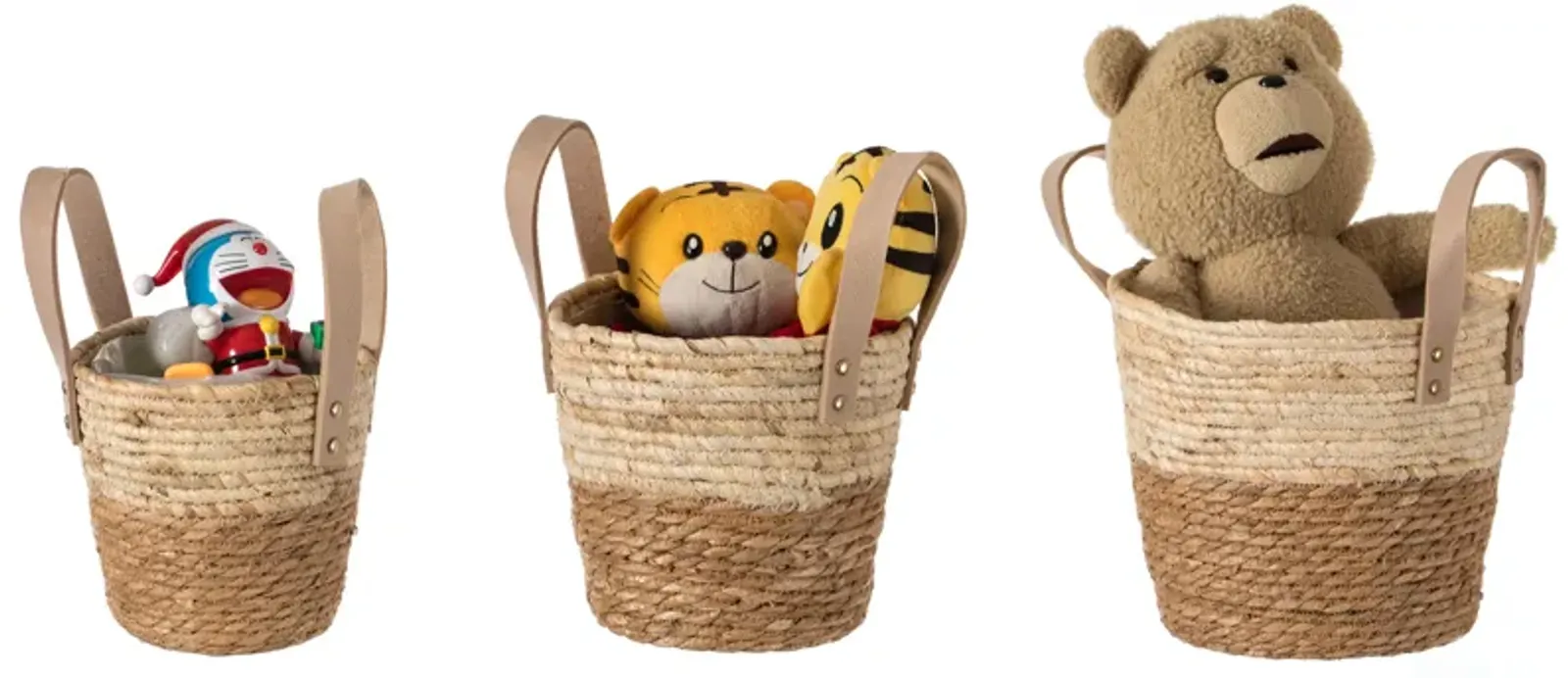 Decorative Brown Corn Rope-Straw Round Storage Basket Set of 3 with Rope Handles