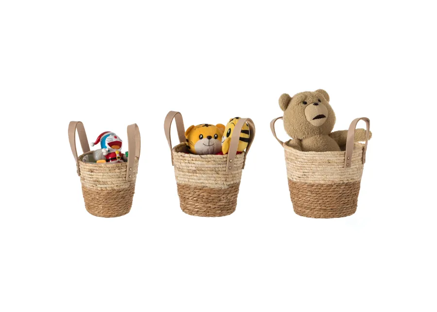 Decorative Brown Corn Rope-Straw Round Storage Basket Set of 3 with Rope Handles