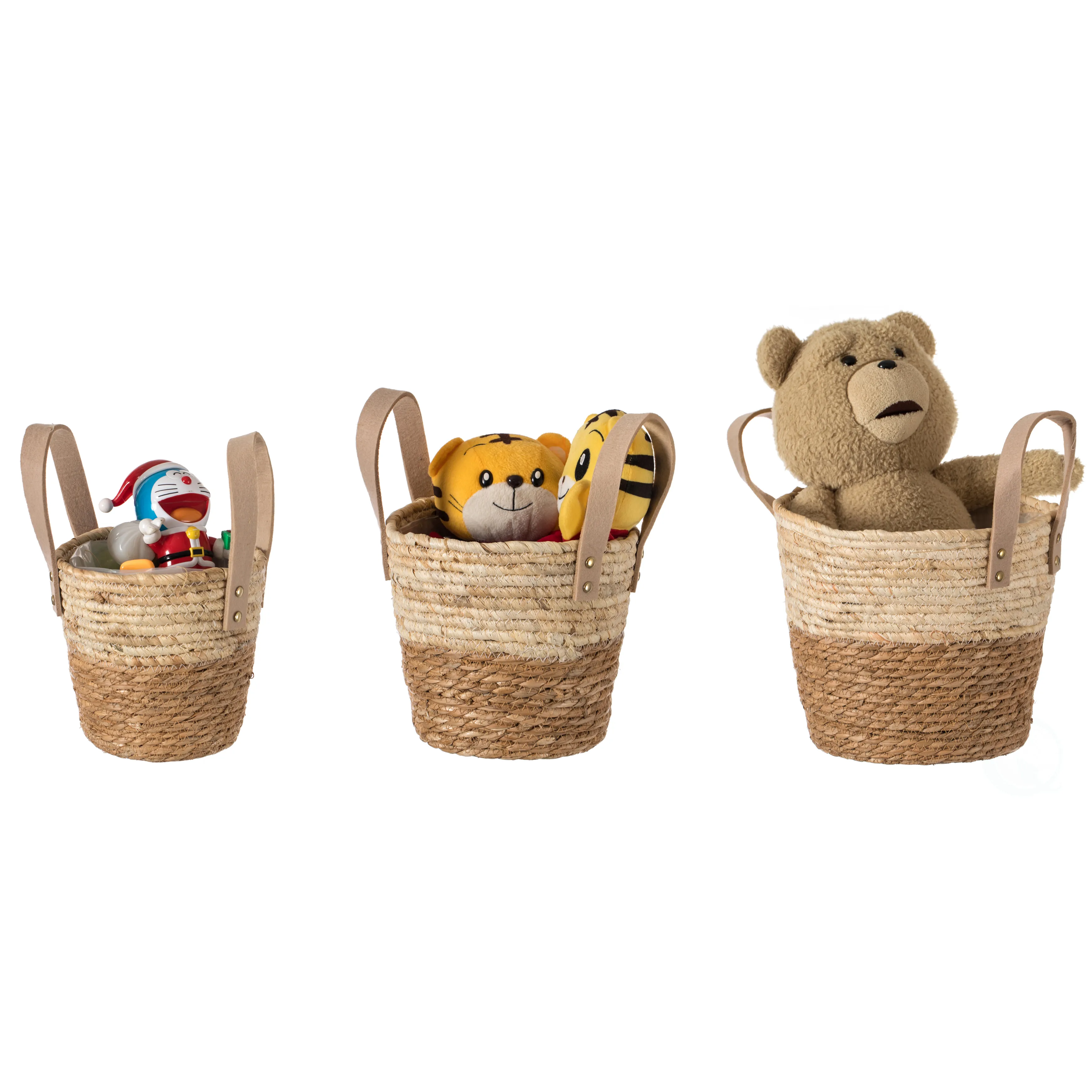 Decorative Brown Corn Rope-Straw Round Storage Basket Set of 3 with Rope Handles