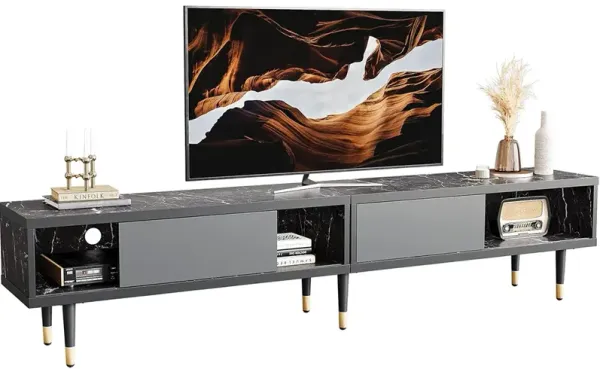 2 in 1 Long TV Cabinet for Living Room for 85 inch tv,Black Marble
