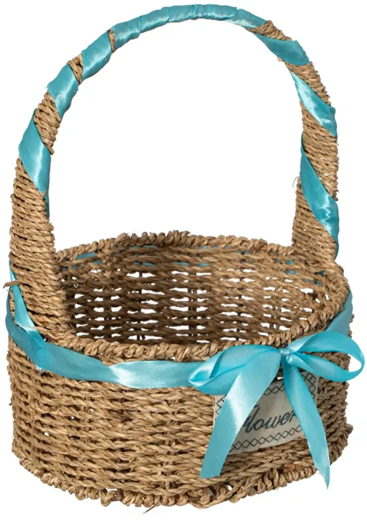 Wickerwise Small Seagrass Wicker Picnic Basket with Handle - Versatile Gift Basket with Blue Ribbon for New Year and Other Occasions, Garden and Home Decor, Natural Wicker Basket and Storage Solution